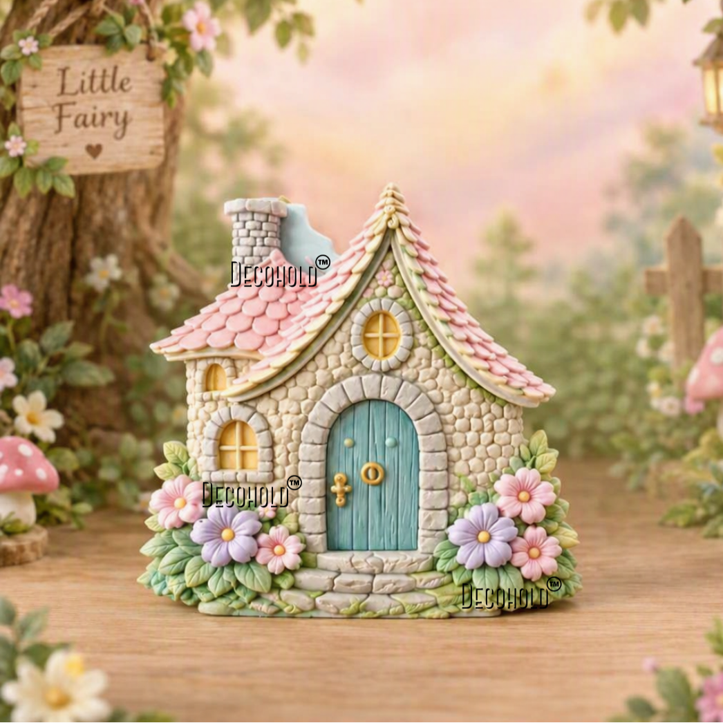 A miniature fairy house figurine with a pink tiled roof, blue door, and stone-textured walls, surrounded by small flowers and greenery on a wooden surface.