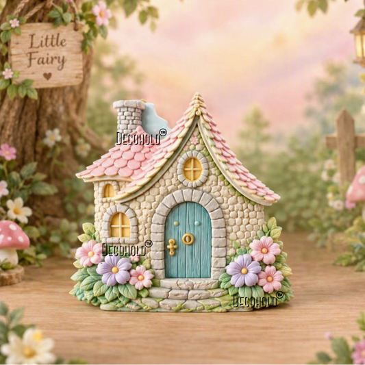 A miniature fairy house figurine with a pink tiled roof, blue door, and stone-textured walls, surrounded by small flowers and greenery on a wooden surface.