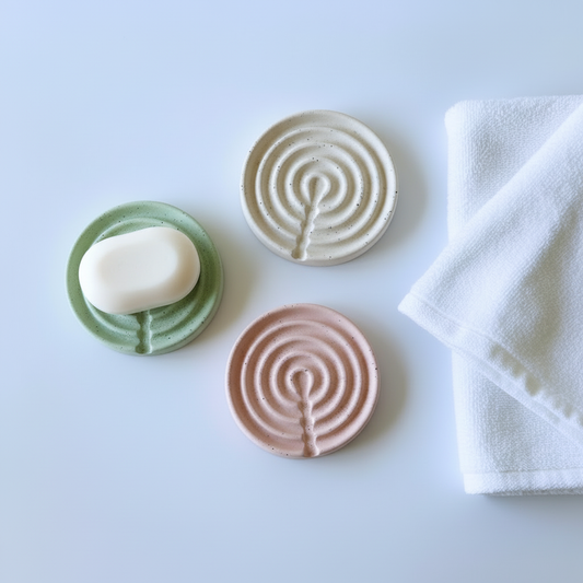 Circular soap dishes with white soap on sage green
